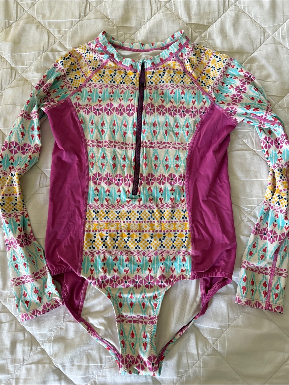 Garnet Hill Girls Long Sleeve One-Piece Swimsuit - Pink, Aqua, Yellow Pattern